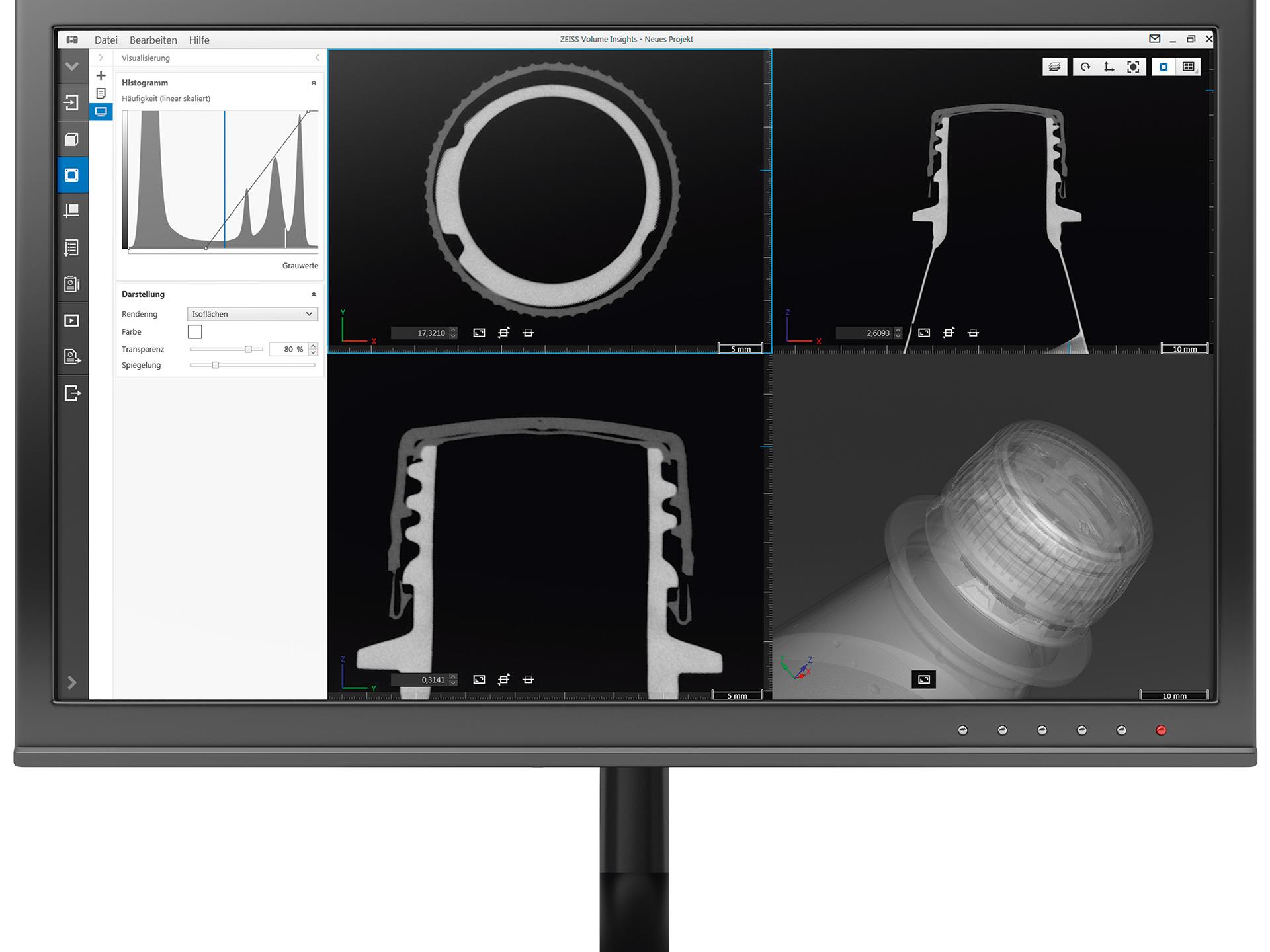 Best fit of CT data (blue) and CAD data (gray). Measuring values outside tolerance are marked in red.